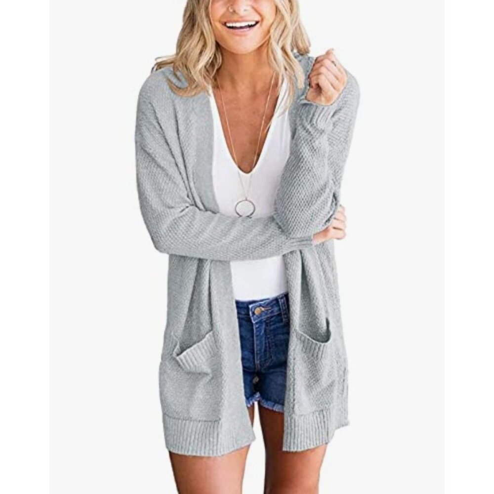 Merokeety Womens Large Long Sleeve Light Grey Knit Cardigan Sweater Pockets